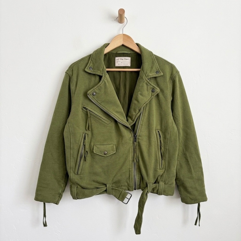 We The Free People Olive Green Rebel Knit Moto Jacket XS Belted Biker Cotton